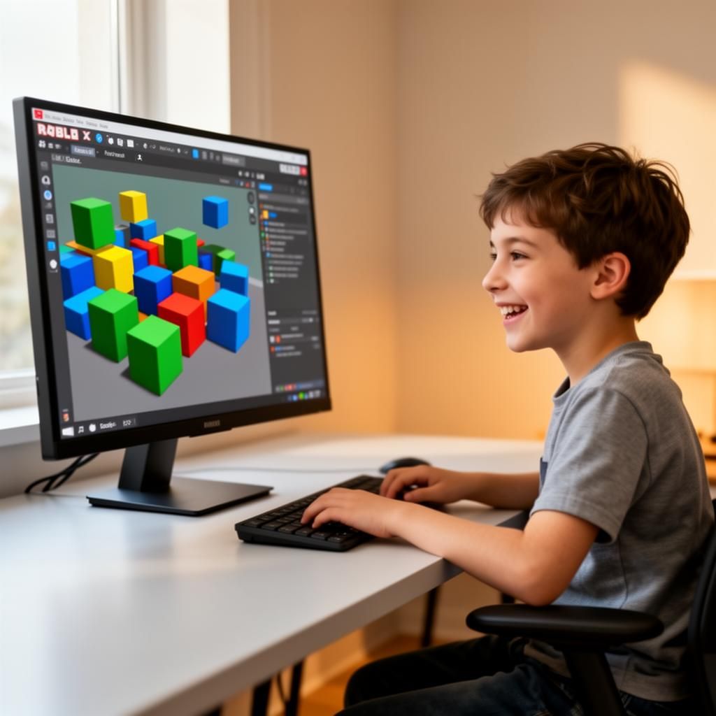 Ребёнок создаёт игру в Roblox Studio