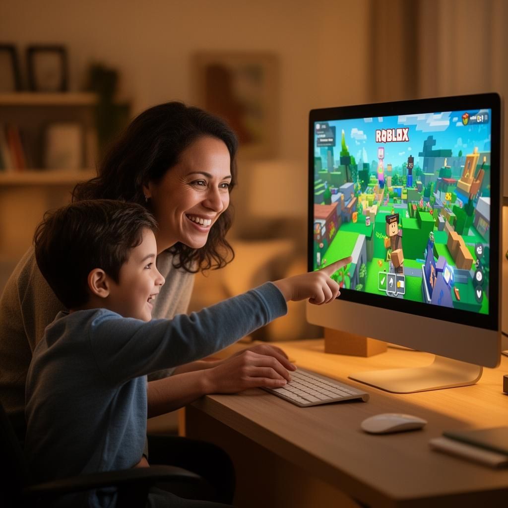 Родитель и ребёнок играют в Roblox вместе